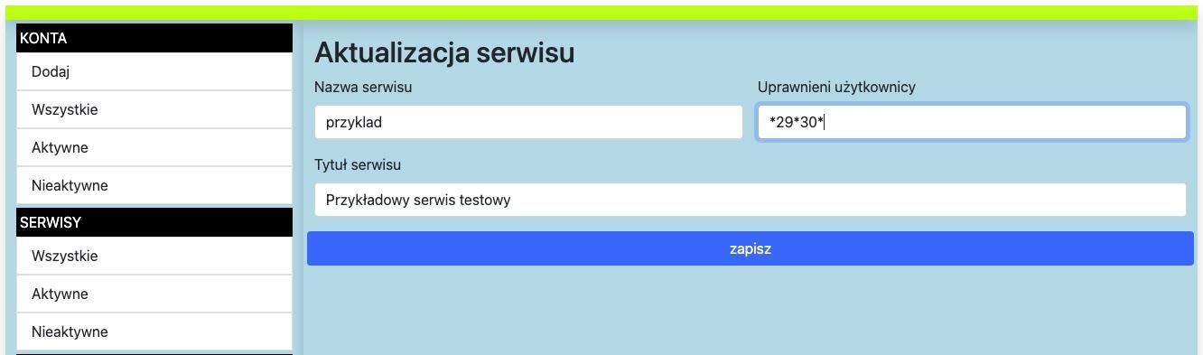 formularz aktualizacji serwisu