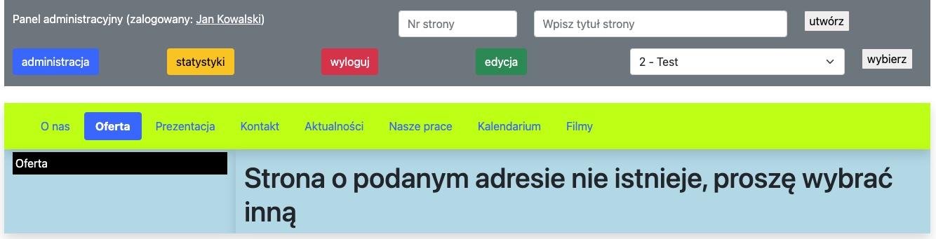 menu główne z wizualnie wyróżnioną aktywną pozycją
