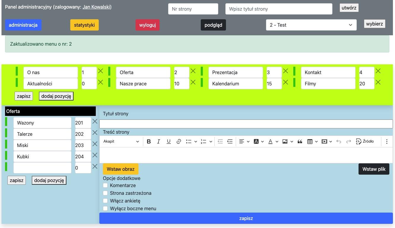 strona w trybie edycji z wypełnionymi pozycjami podmenu