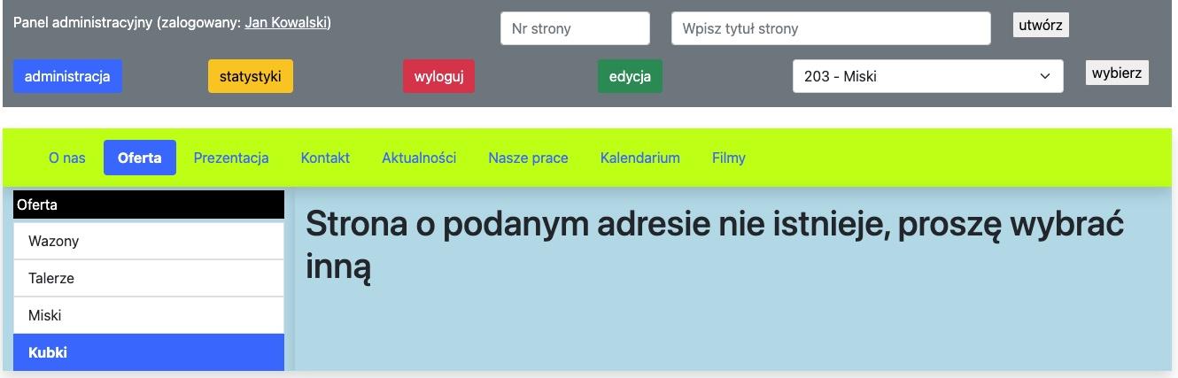 Komunikat o braku strony w systemie
