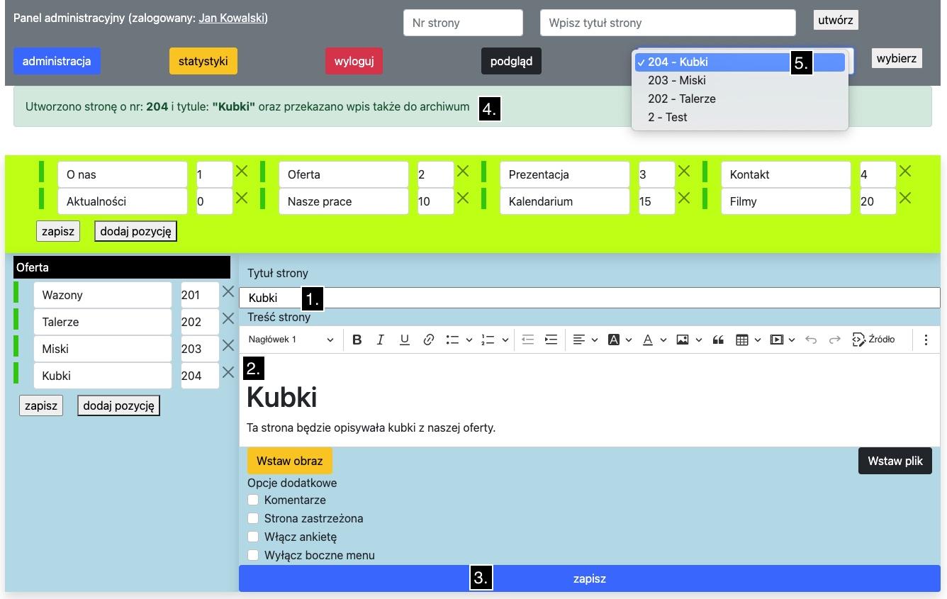 tryb edycji strony z zaznaczonymi punktami