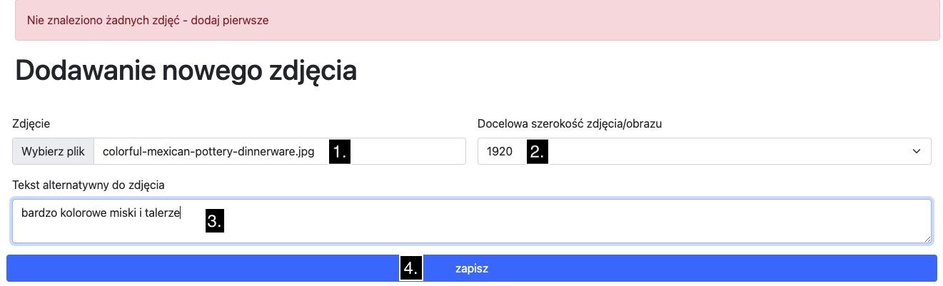 formularz dodawania zdjęcia i pierwsze zdjęcie w bazie