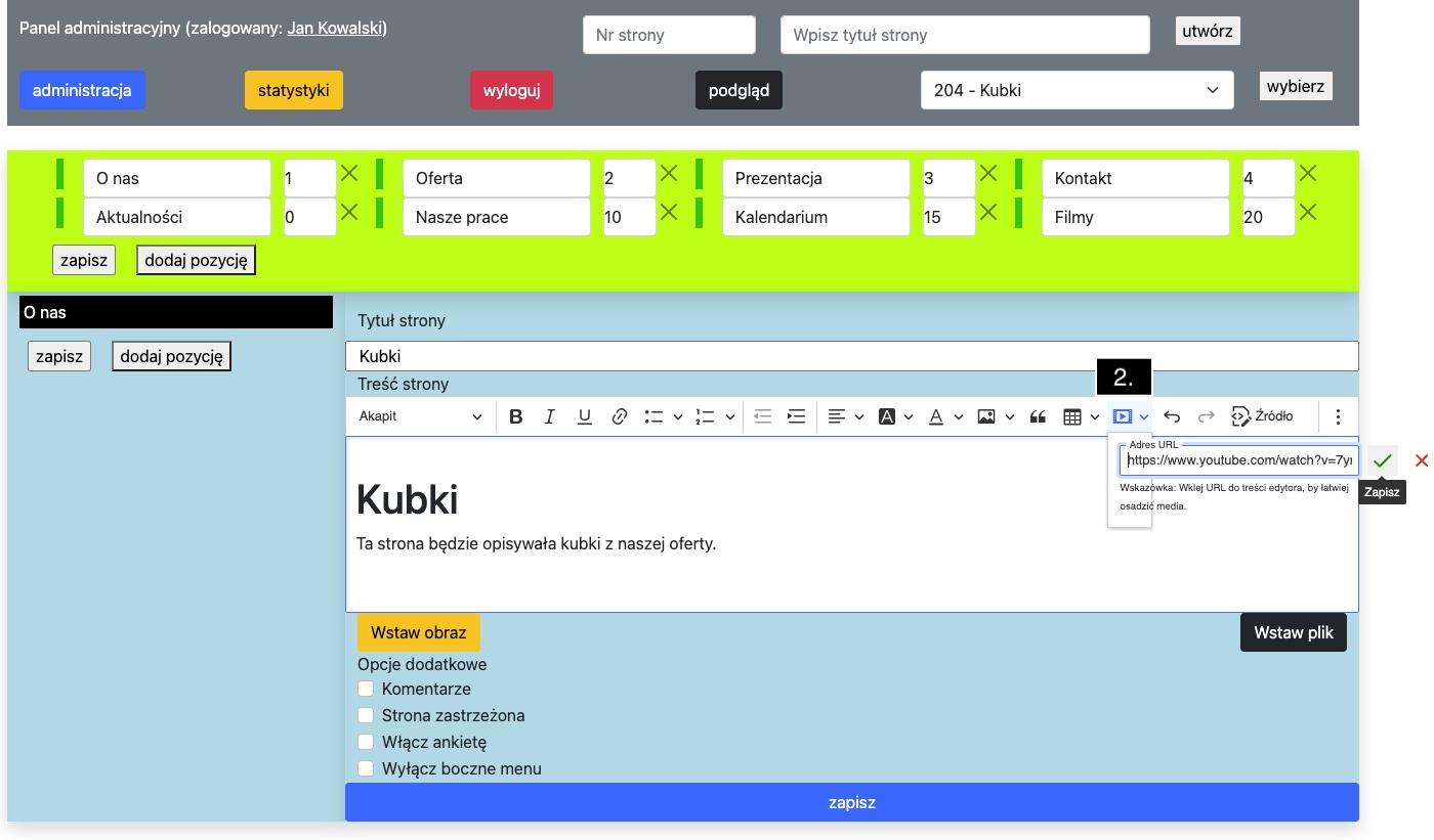 formularz edycji strony z zaznaczoną ikoną wklejania multimediów
