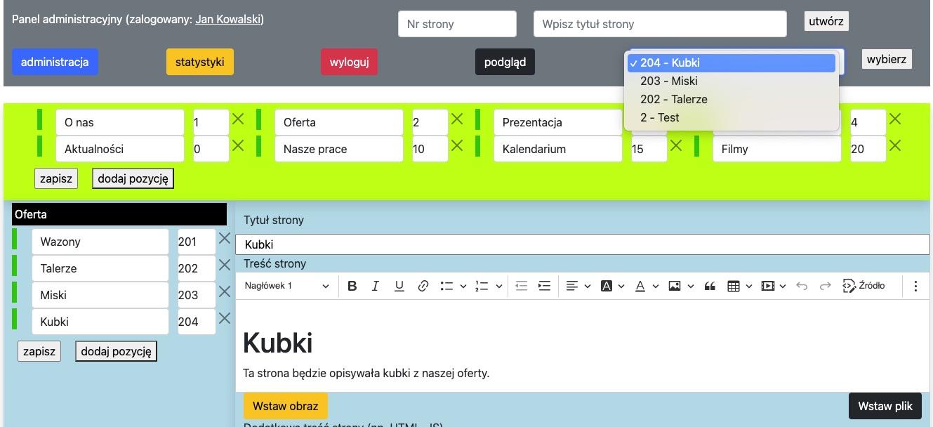 formularz wyboru aktywnej strony w panelu administracyjnym