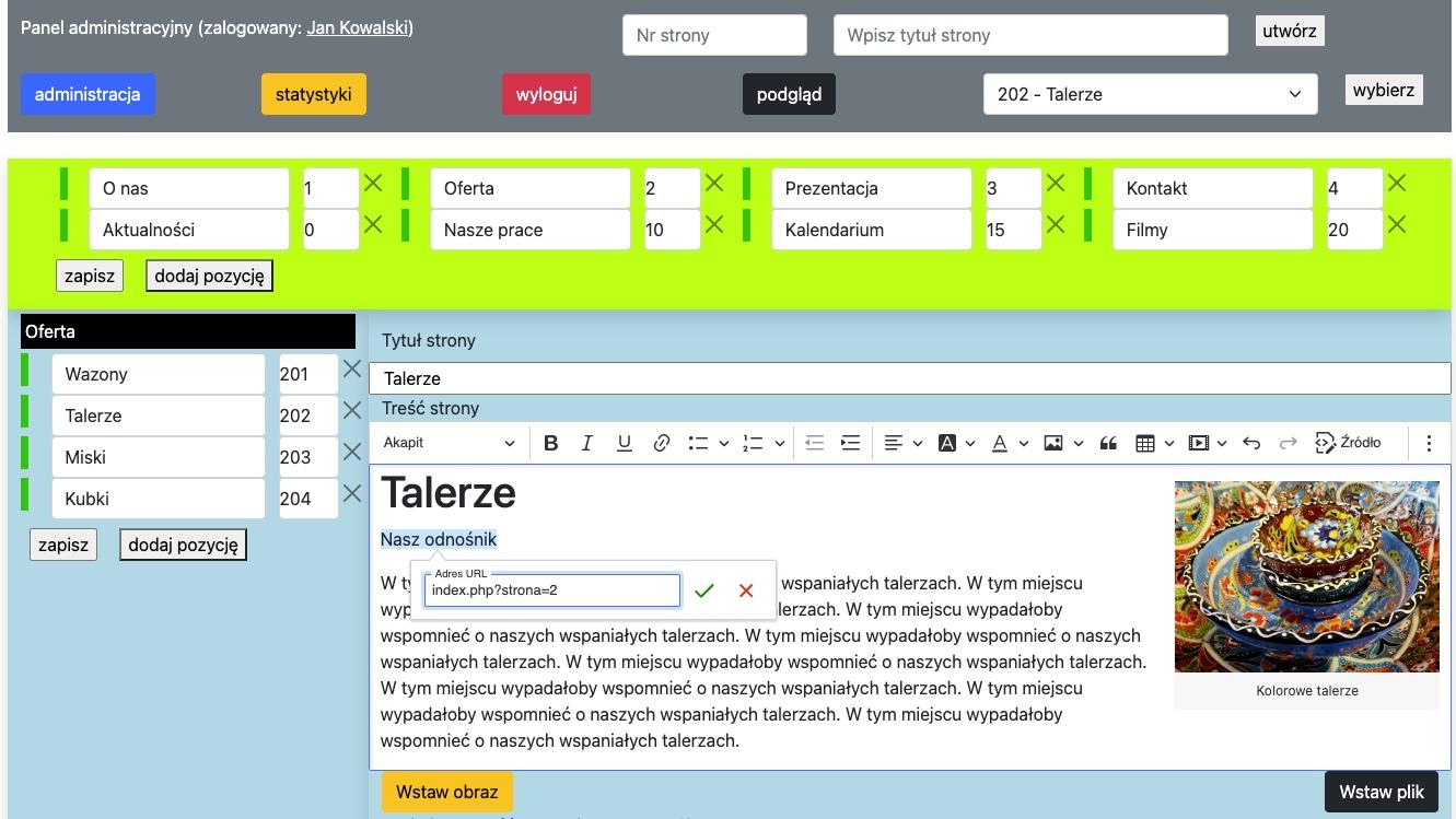 wstawianie odnośnika w formularzu edycji strony