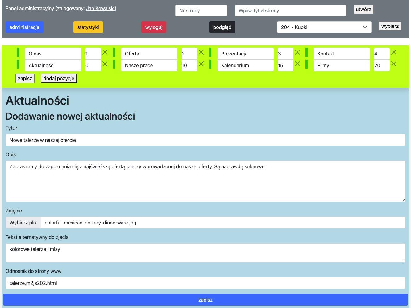 wypełniony formularz dodawania nowej aktualności