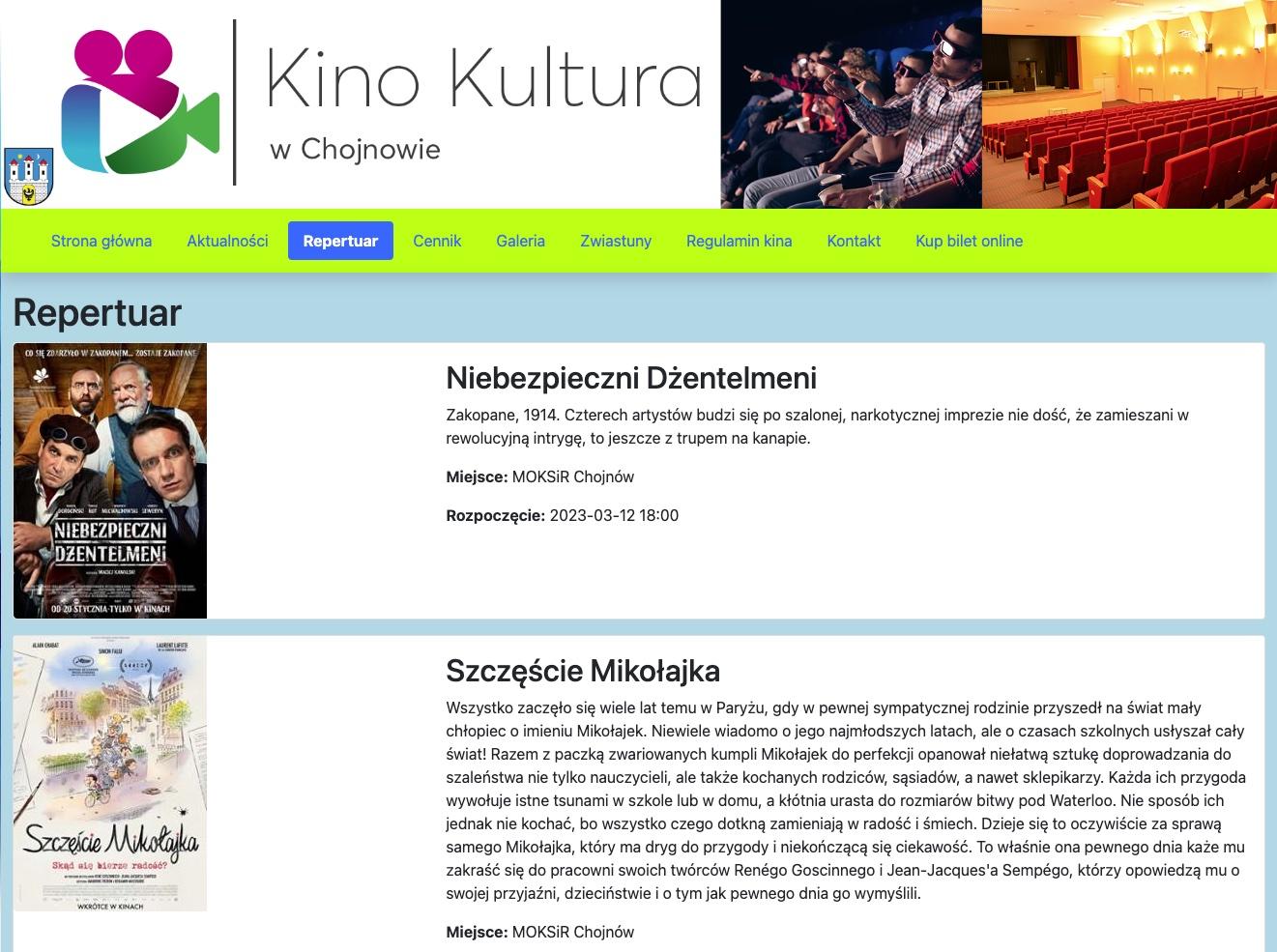 zrzut ekranu witryny https://kino.chojnow.eu