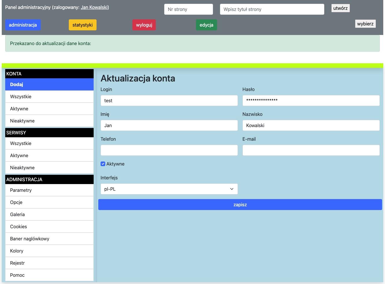 formularz aktualizacji danych konta