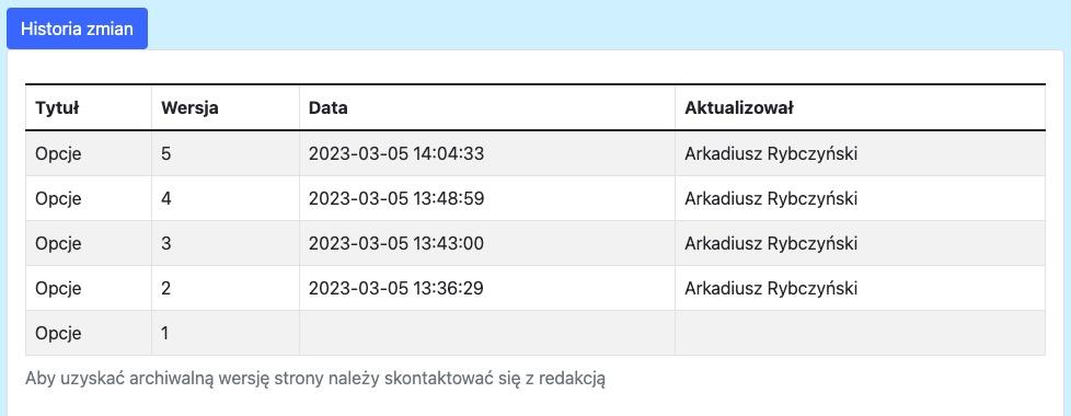 historia wersji strony w trybie podglądu