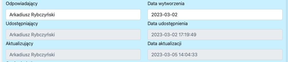 metryka strony z informacjami na temat osoby odpowiedzialnej, udostępniającej i aktualizującej