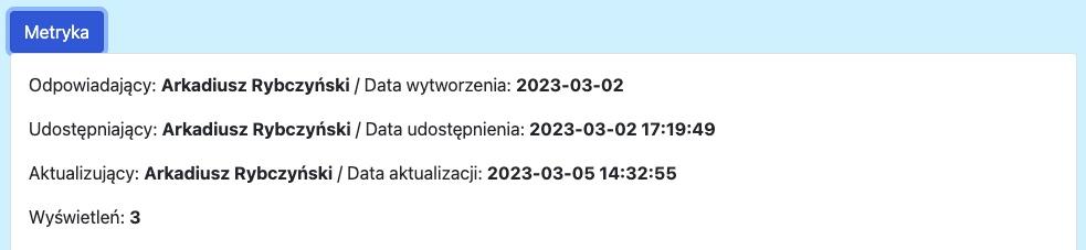 metryka strony z informacjami na temat osoby odpowiedzialnej, udostępniającej, aktualizującej oraz ilości odwiedzin wyświetlanej w trybie podglądu