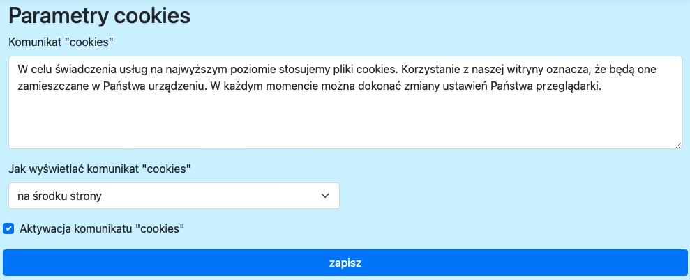 formularz parametrów cookies